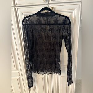 Lace Mesh Long Sleeve Top 
Mock Neck